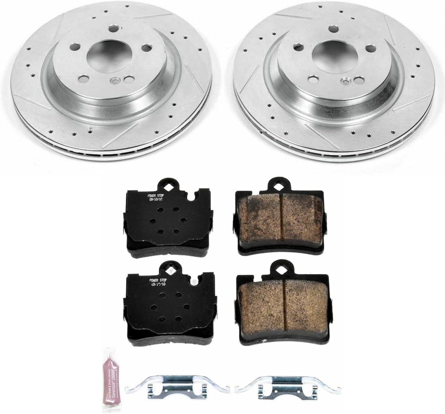 Power Stop K2997 Rear Z23 Carbon Fiber Brake Pads with Drilled & Slotted Brake Rotors Kit and 2 Rear Sensor Wires