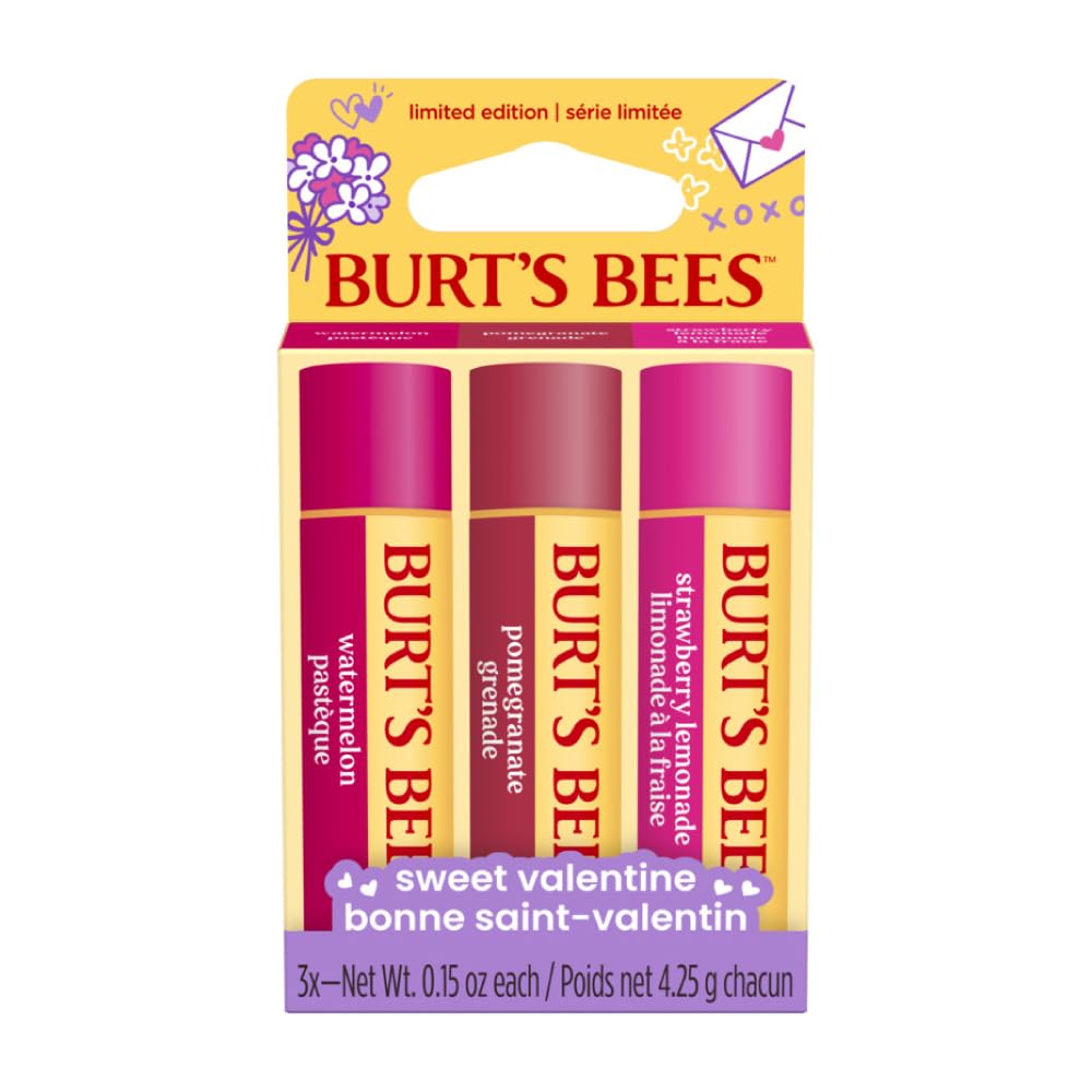 Burt's Bees Sweet Valentine, Bee Mine, Beeswax Lip Balm Trio Gift Set, Limited Edition, Moisturising Flavoured Lip Balm With Watermelon, Pomegranate & Strawberry Lemonade, 100% Natural Origin, 3x4.25g