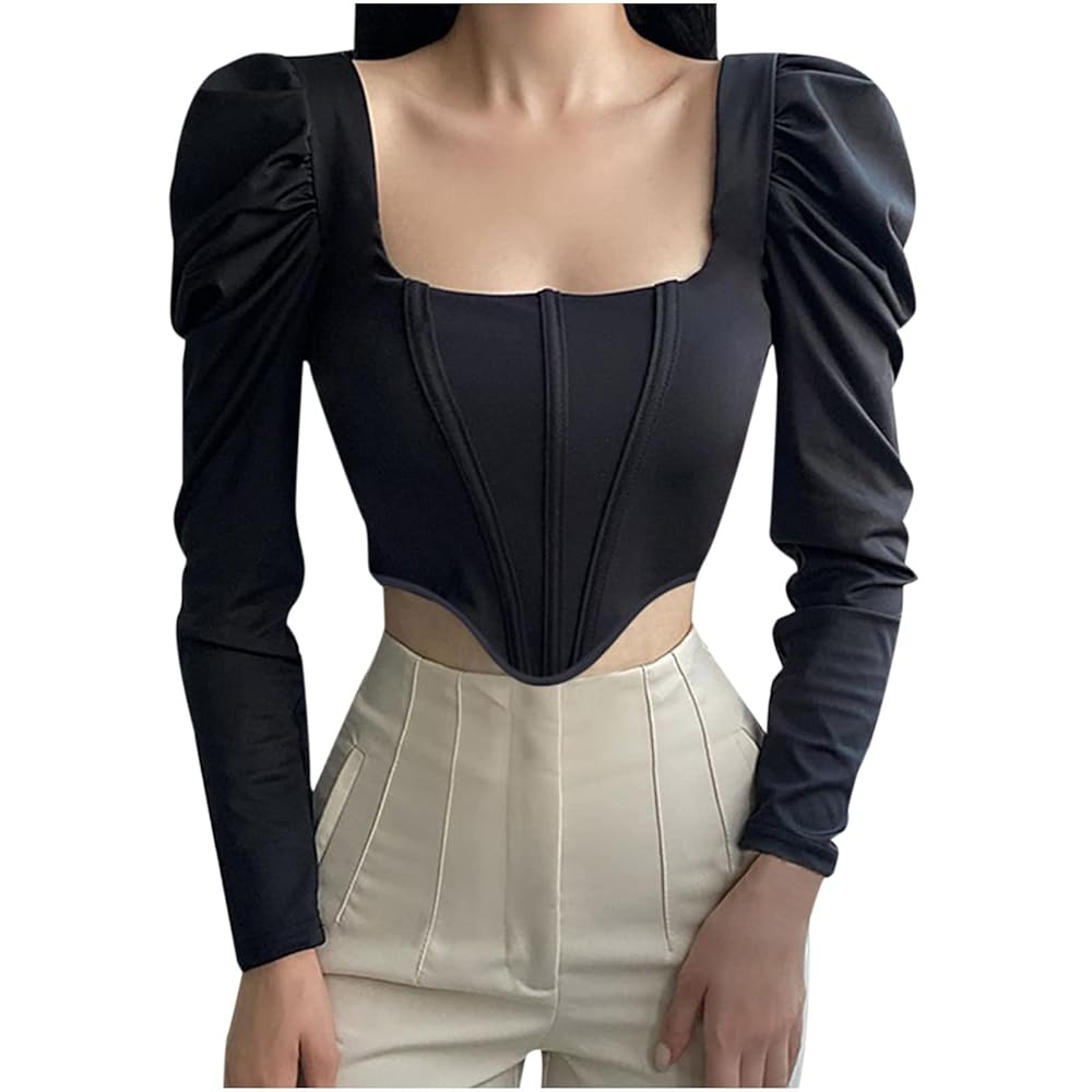 トップス SENEE puff sleeve square tops black WDIRARA Women's Square Neck Mesh Puff Short Sheer Sleeve