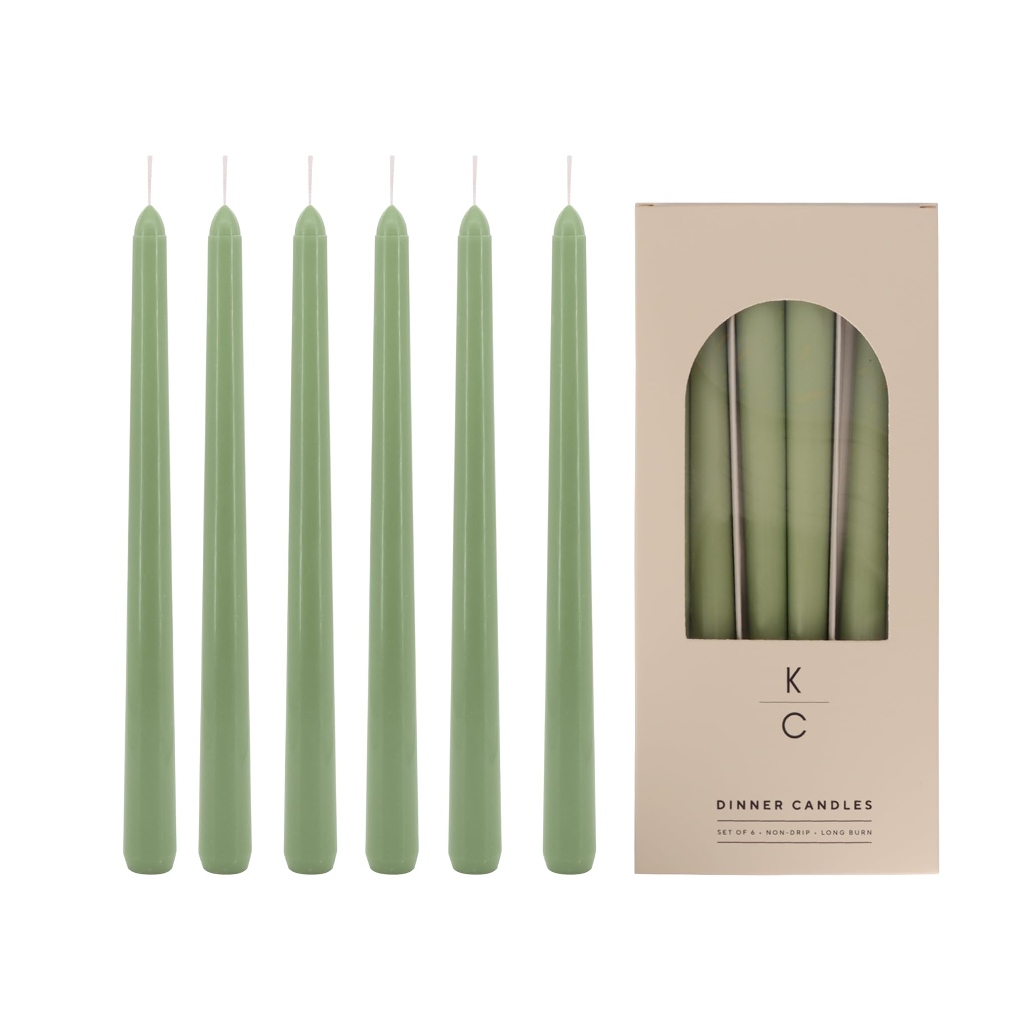 Tapered Dinner Candles, Pack of 6 – Soy &amp; Paraffin Wax Blend, 10-Inch Dripless Taper Candles with 7-Hr. Clean Burn – Smokeless Unscented Tapers for Weddings, Dinner Tables &amp; Home Decor – Sage
