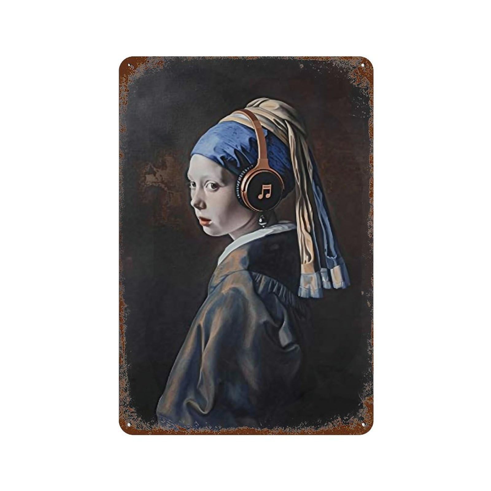 YHGERTKU Girl with A Pearl Earring with Headphones 04 Wall Art Retro Iron Vintage Metal Tin Sign Poster Modern Decor for Living Rooms Gift 30x20cm
