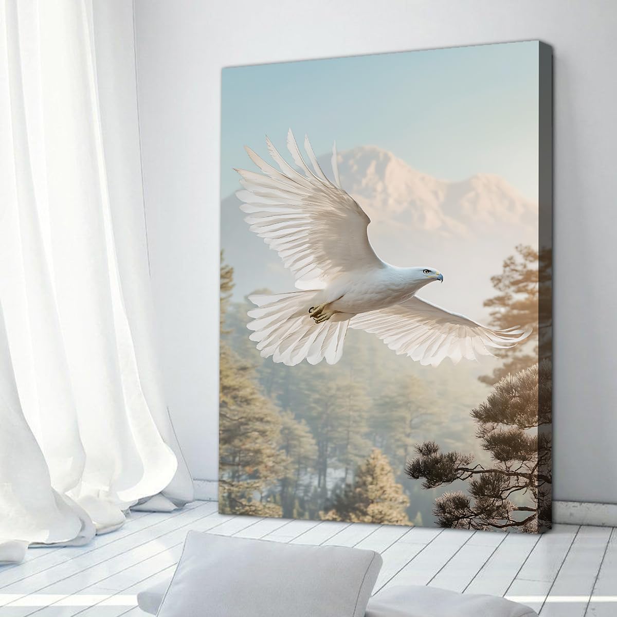 CHERHERART Affiche en toile de vol de l’aigle blanc Forêt de pins enneigés Peinture murale de la faune Inspirant toile de nature Tirages pour bureau 80x120cm sans cadre