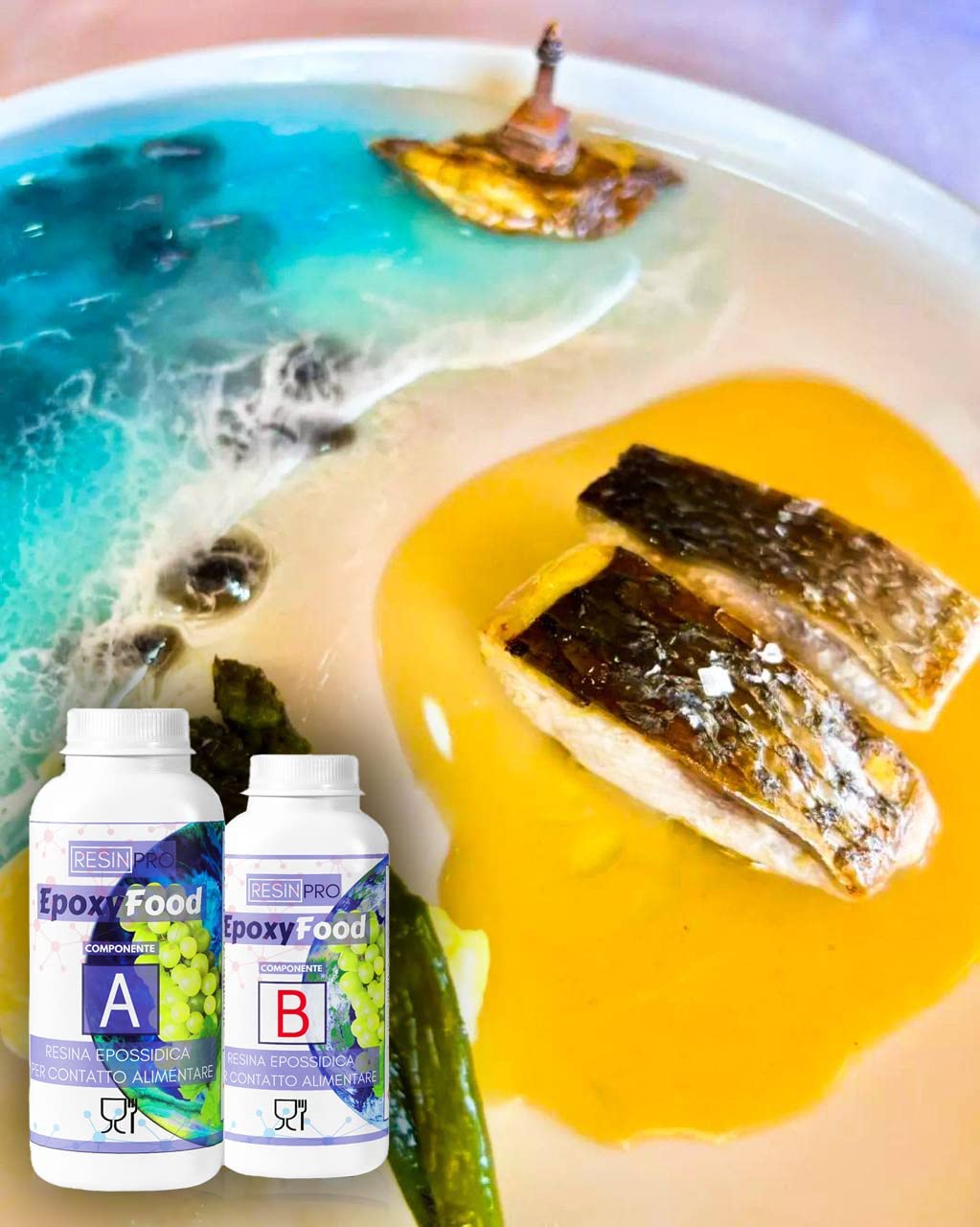 Resin Pro ® RESINA EPOSSIDICA EPOXYFOOD PER CONTATTO ALIMENTARE Per Tavoli, Vassoi, piatti e Sottobicchieri - Guanti in Omaggio – Assistenza Tecnica in italiano - 100% Made in Italy - 0,75 Kg