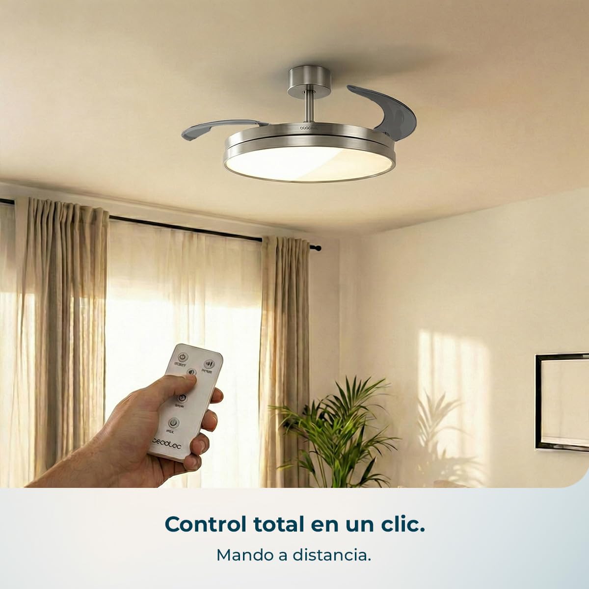 Cecotec Ventilador de Techo con Luz con Aspas Retráctiles EnergySilence Aero 2440 Invisible Pure Steel. 30W, Motor DC, Mando a Distancia, Temporizador 6h, 6 Velocidades, Función Winter-Summer