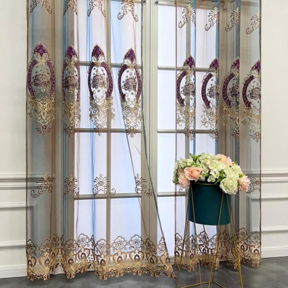 pureaqu Luxury Embroidered Floral Grommet Sheer Curtain for Living Room European Style Voile Panel Window Treatment Drapery for Bedroom Tulle Curtain Sliding Glass Door 1 Panel 52Wx96L inch