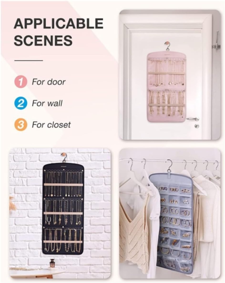 Wokyo Hanging Jewelry Storage Roll with Metal Hooks Double Sided Practical Large Capacity 32 Transparent Pockets to Hold 42 Necklaces Suitable for Earrings Necklaces Bracelets Rings (Pink)