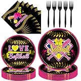 Hokinaa Softball Party Decorations Tableware - 96 Pcs Sports Theme Dinnerware Set, Pink Black Yellow Disposable Paper Plate Napkin Fork, Happy Birthday Party Supplies for Girls Women, Serves 24 Guests