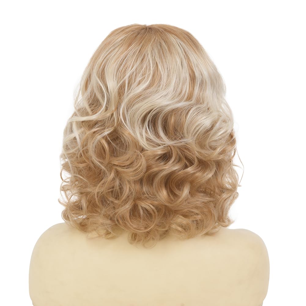 Swiking Short Blonde Curly Wigs with Bangs for White Women Ombre Blonde Bob Shaggy Wavy Hair Wig with Dark Roots Heat Synthetic Daily Party Halloween Use - Image 5