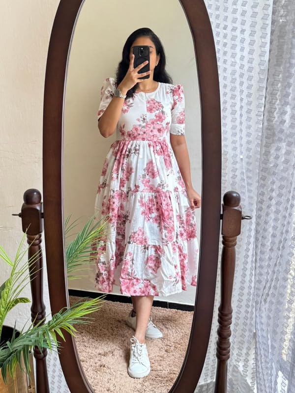 Image of Floral Midi Dress for Women - Summer Boho Dress, Lightweight & Breathable, Elegant Floral Print, Casual & Vacation Outfit, Comfortable Flowy Dress for Women