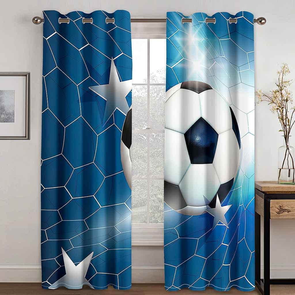 Gardinen 2 Stück Verdunkelungsvorhänge Mit Ösen Vorhänge Blickdicht Kälte- Und Wärmeisolierung/B170 x H200cm Blauer Fußball 3D Vorhang Balkon Schlafzimmer Badezimmer Vorhänge