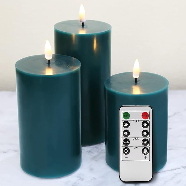 Eywamage Teal Blue Flameless LED Pillar Candles with Remote, Flickering Battery Wax Candles Christmas Decor Set of 3 Φ 3" H 4" 5" 6"