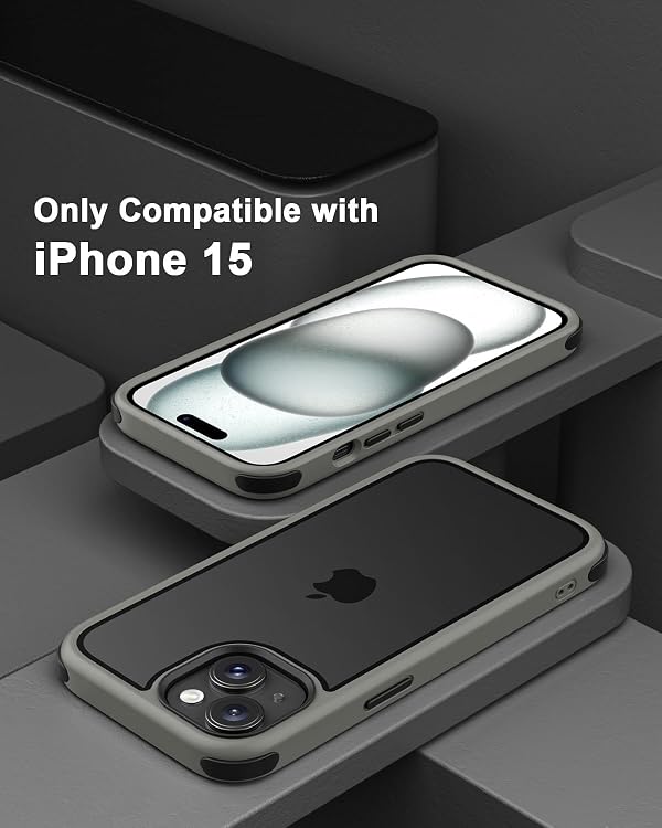 Mobnano Compatible with iPhone 15 Case, with Multicolor Protective Shockproof Bumpers, Crystal Clear Back Not Yellowing Anti-Scratch Hard PC Back & Soft Silicone TPU Frame Cover - Grey/Black by Mobnano - Image 2