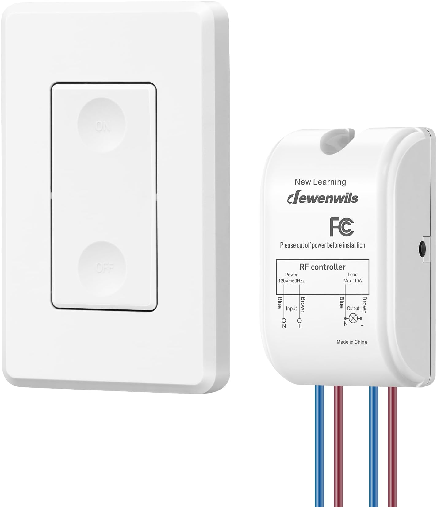 Wireless Light Switch Kit - No Wiring, 10A/1000W, 100 Ft RF Range, Remote Control for Ceiling Lights, Fans, Lamps