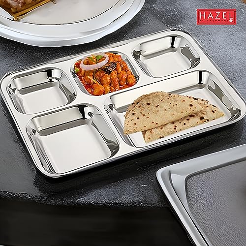 Image of HAZEL Stainless Steel 5 Compartment Mess Plate | Rectangle Bhojan Thali with Square Holes, Set of 1