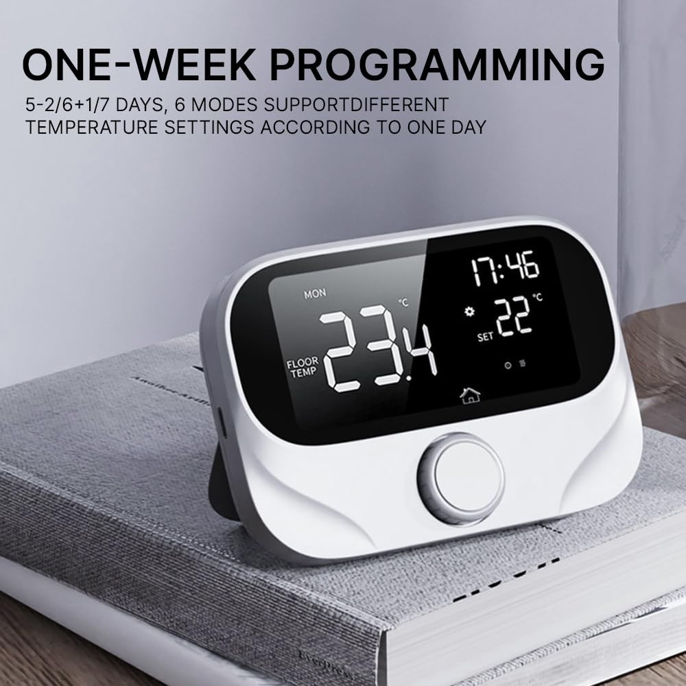 Termostato Intelligente per Riscaldamento Caldaia, RF433 980ft Wireless con Controllo Vocale APP, Touch Screen LED Programmabile IP20 Resistente all'Acqua USB Alimentato
