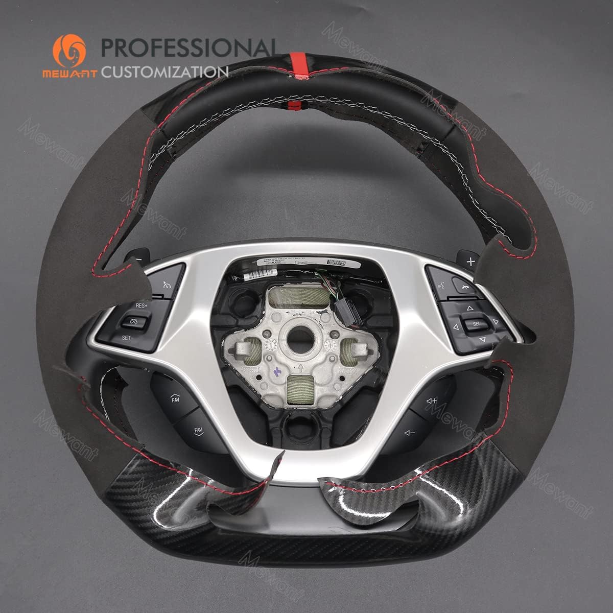 MEWANT Hand Stitch Shiny Carbon Fibre + Suede Car Steering Wheel Protector Wrap Cover for Chevrolet Corvette (C7) 2015-2019 Chevrolet Corvette (C7) Accessories（for D-Shape Steering with Bulges）
