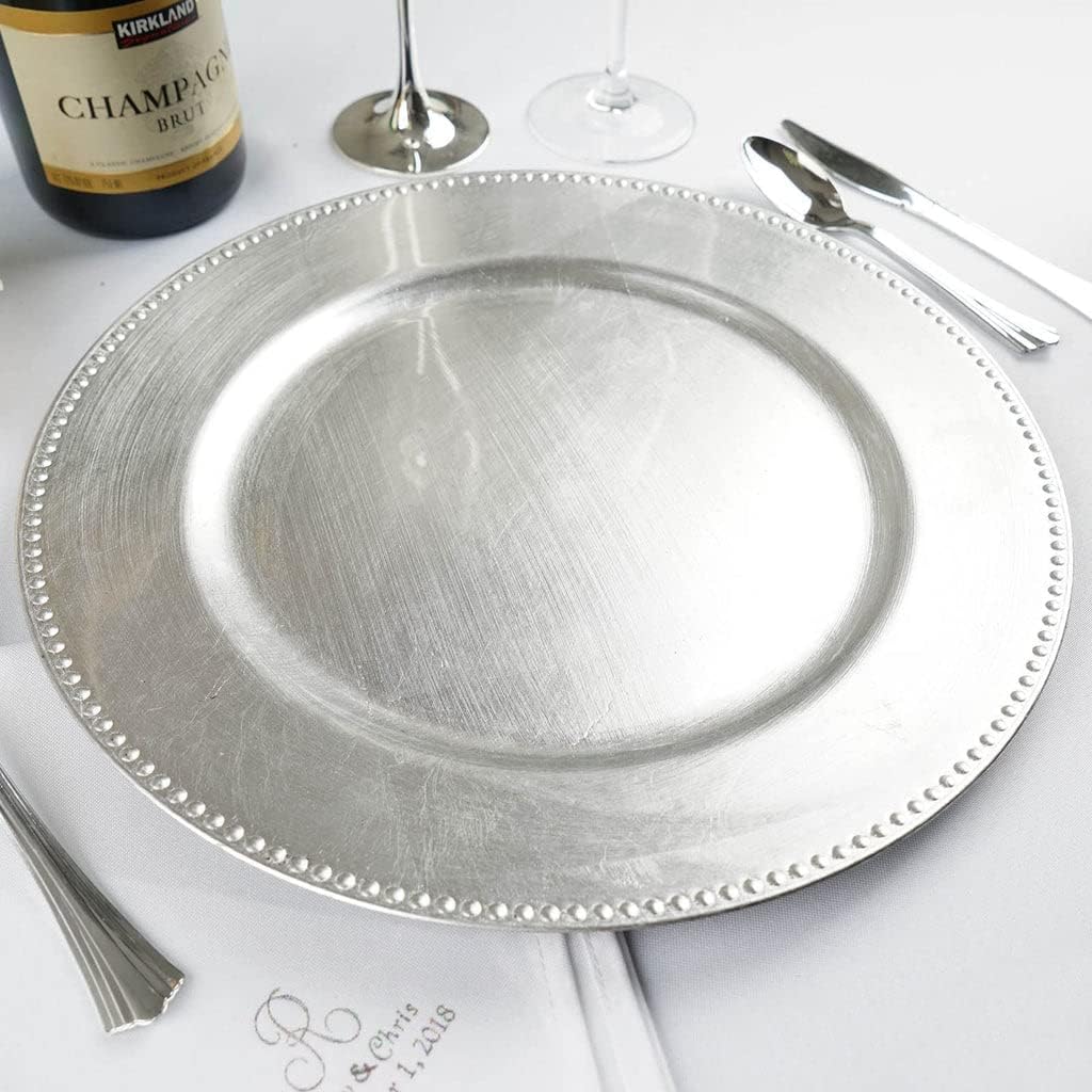 Tableclothsfactory 24 pcs 13" Silver Beaded Round Charger Plates