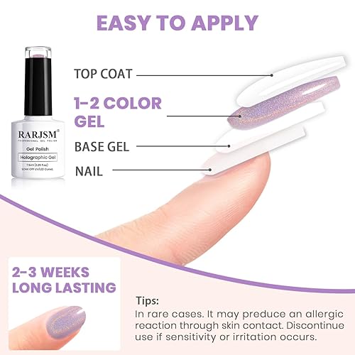 Miniatura 5 de RARJSM Esmalte de uñas de gel holográfico, color morado claro, arco iris, brillantina, reflectante, lila, iridiscente, para curado, efecto láser de