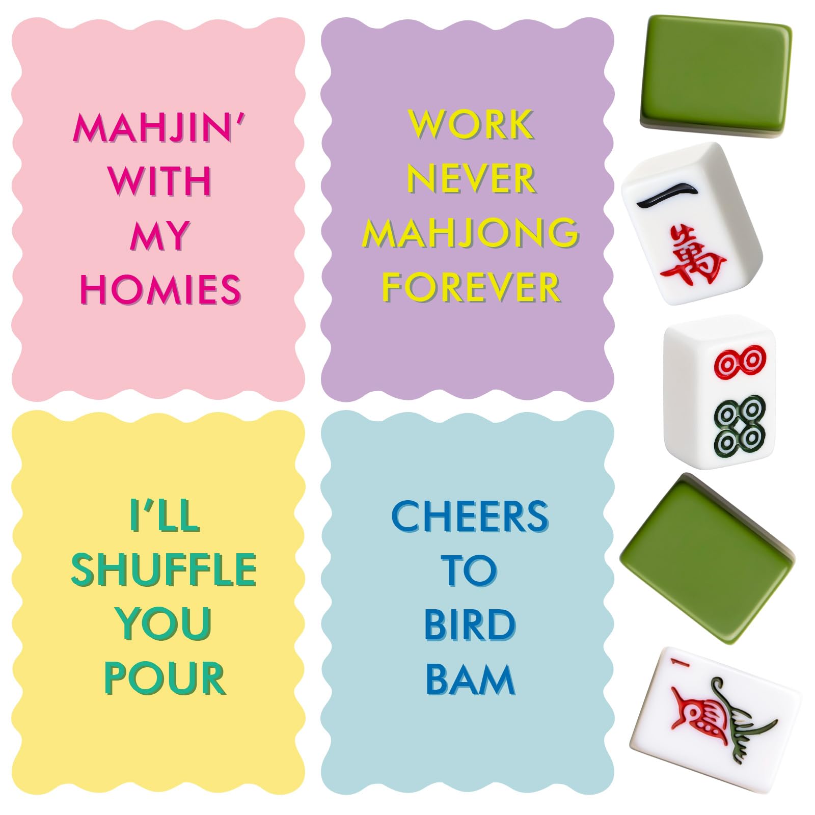 Maitys 4 Pcs Color Mahjong Shuffler Cards with Funny Sayings for Mixing Shuffling Tiles Thick PVC Shufflers with Wavy Scalloped Edges Mahjong