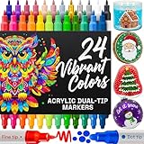 ARTISTRO 24 Acrylic Paint Markers for Rock, Fabric, Wood, Glass, Craft, Decoration - Dual-Tip Paint Pens - Stocking Stuffers, Christmas Gift Idea for Teens, Grandkids, Kids - Art Supplies