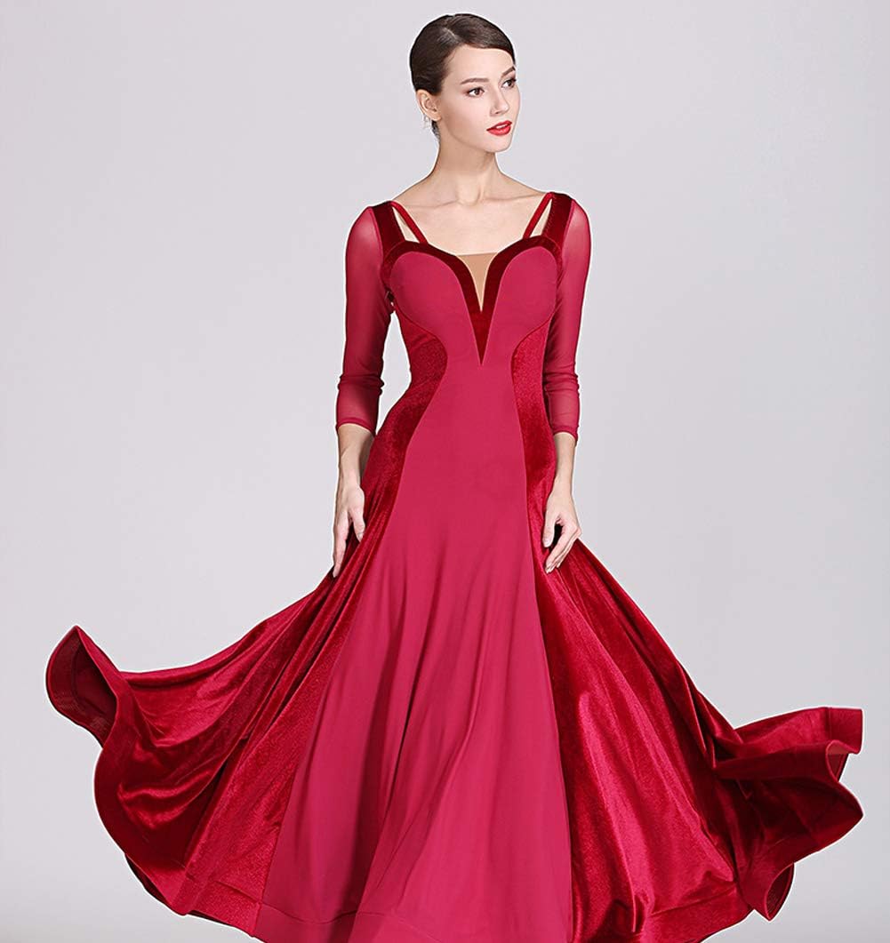 Mesh and Velvet Ballroom Dance Dress Modern Dance Flamenco Waltz Dress Standard Practice Wear Competition Costume