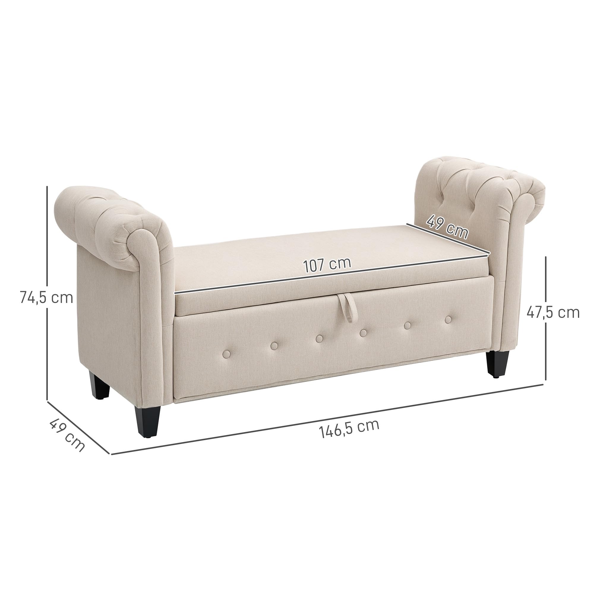 HOMCOM Banco de Almacenamiento Taburete de Almacenaje de Lino con Tapa de Bisagras Patas de Madera y Reposabrazos Enrollados para Dormitorio Salón Pasillo Carga 150 kg 146,5x49x74,5 cm Beige