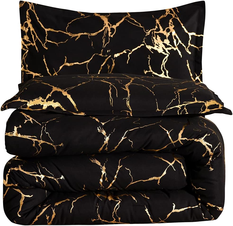Holawakaka Gold Metallic Marble Comforter Set Queen Size Foil Print Glitter Bedding Sets,Black/Gold,Queen - Image 9