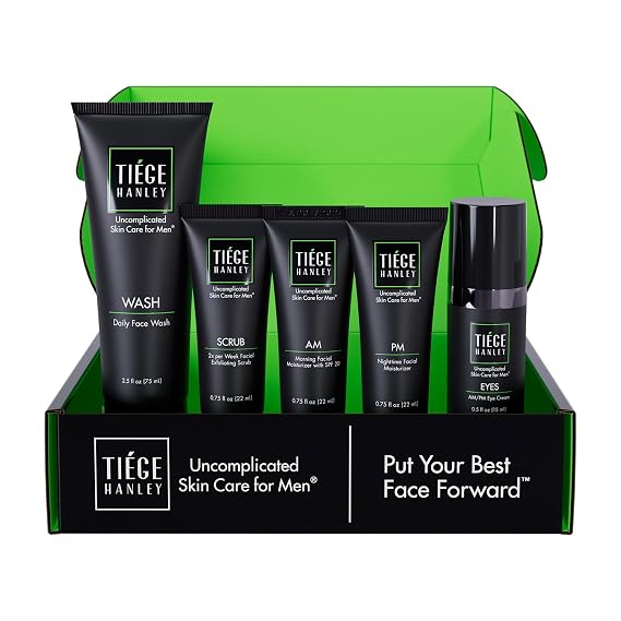 Tiege Hanley Skin Care Set for Men, Advanced Routine, System Level 2, Daily Face Wash, Facial Scrub, Two Moisturizers, and Eye Cream for Healthy, Hydrated Skin, Mens Skin Care, 5 Piece Kit