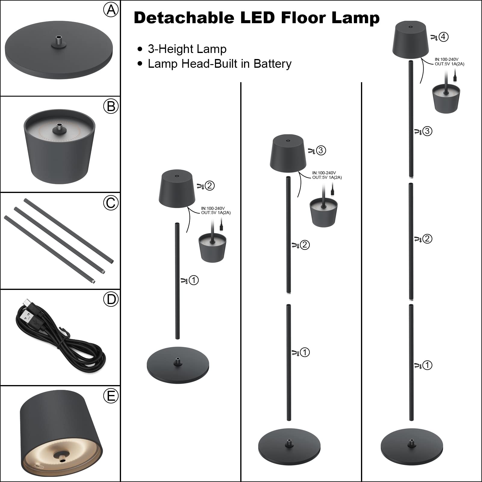 K-Bright Stehleuchte LED 130cm, 4W dimmbares Leselicht, Touch Control, Stehleuchte aus Metall Aluminium, geeignet für Wohnzimmer, Schlafzimmer, Büro Zusatzbeleuchtung(Anthrazit)