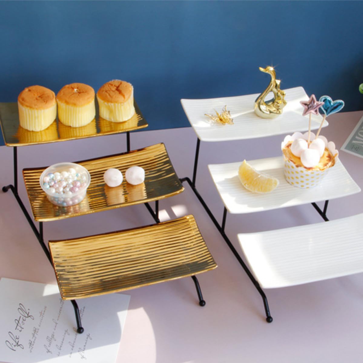 PRETYZOOM Présentoir à Gâteaux Élégant et Moderne 3 Niveaux en Céramique et Fer Détachable Facile à Nettoyer , pour Fête D'anniversaire et Réception
