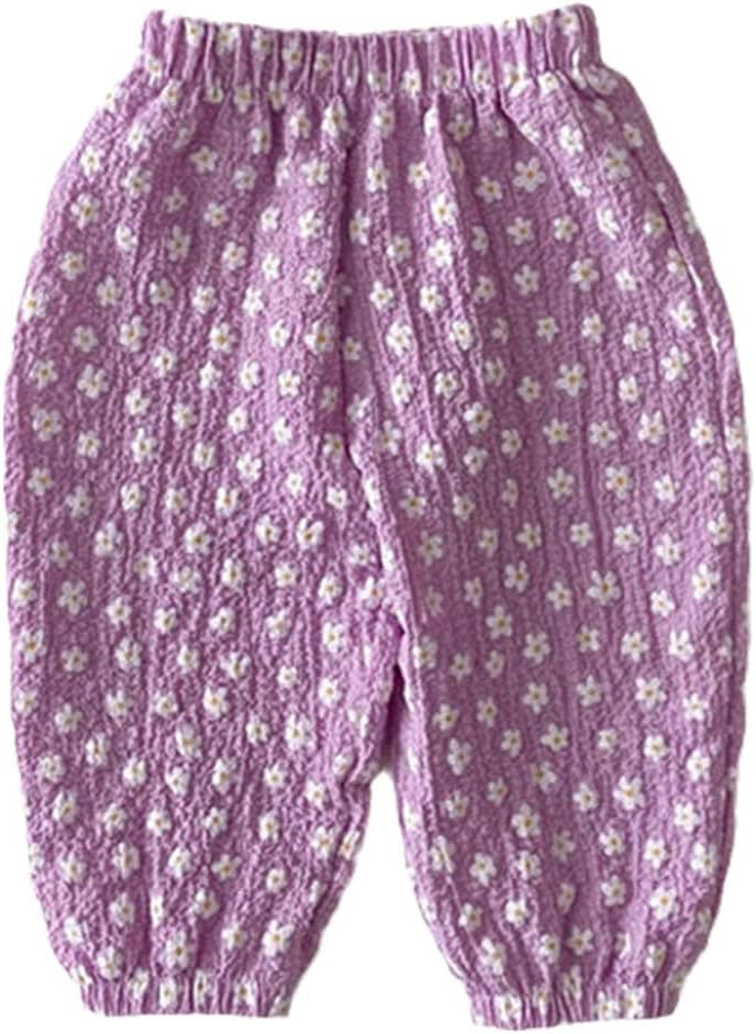 Spring Summer Children's Floral Printed Pants Loose Thin Cotton Pants Kids Girls Causal Flower Harem Pants Purple