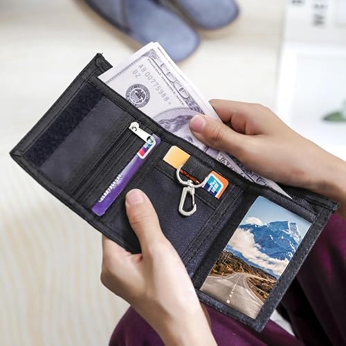 Miniatura 6 de Billetera para niños, de lona para deportes al aire libre, unisex, azul, camuflaje, cremallera, ligera, 3 ranuras para tarjetas, 1 ventana para