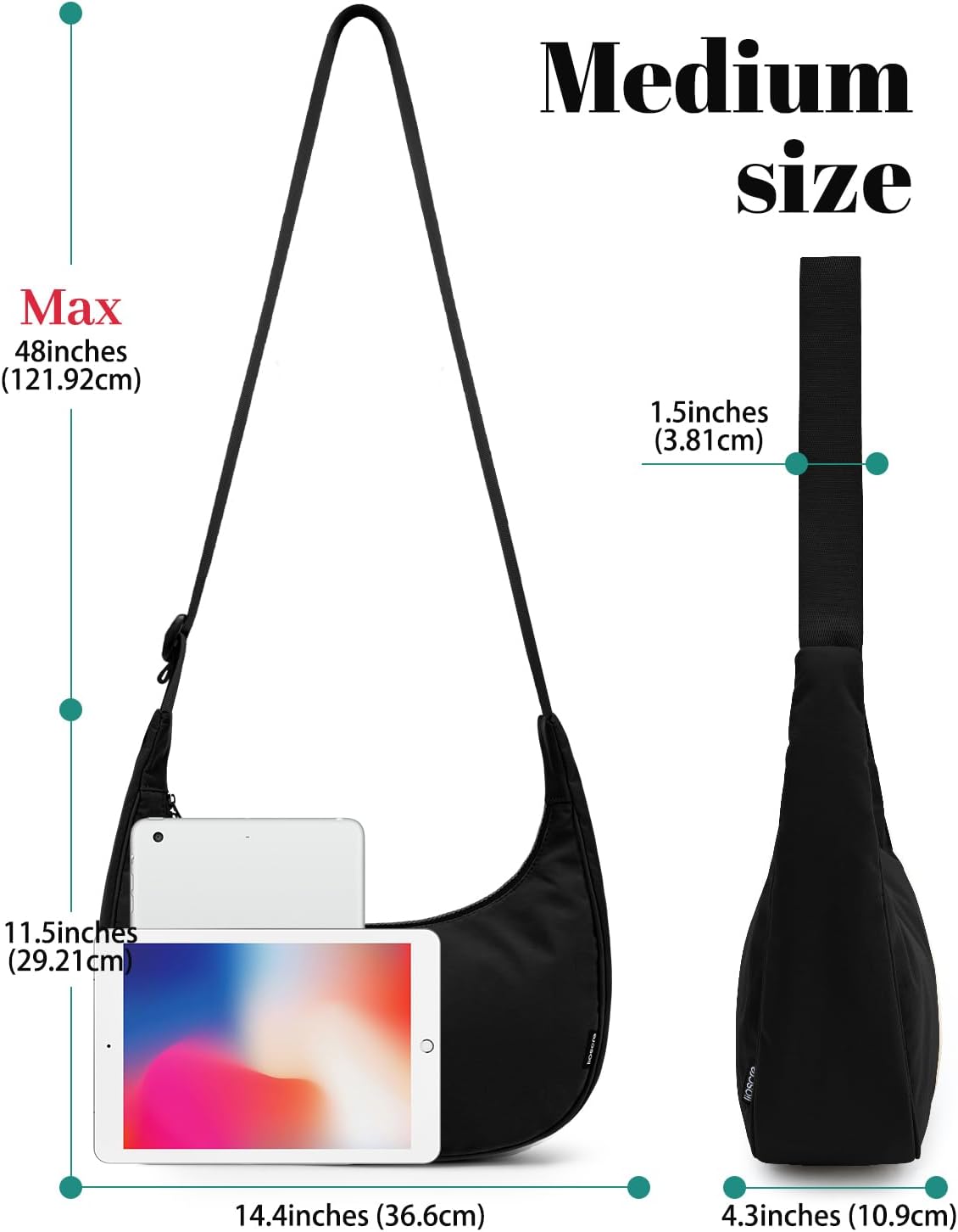 Iioscre Medium Nylon Crossbody Crescent Bag for Women Men, 2 Zippers Crossbody Hobo Bag with Adjustable Strap & Inner Pockets