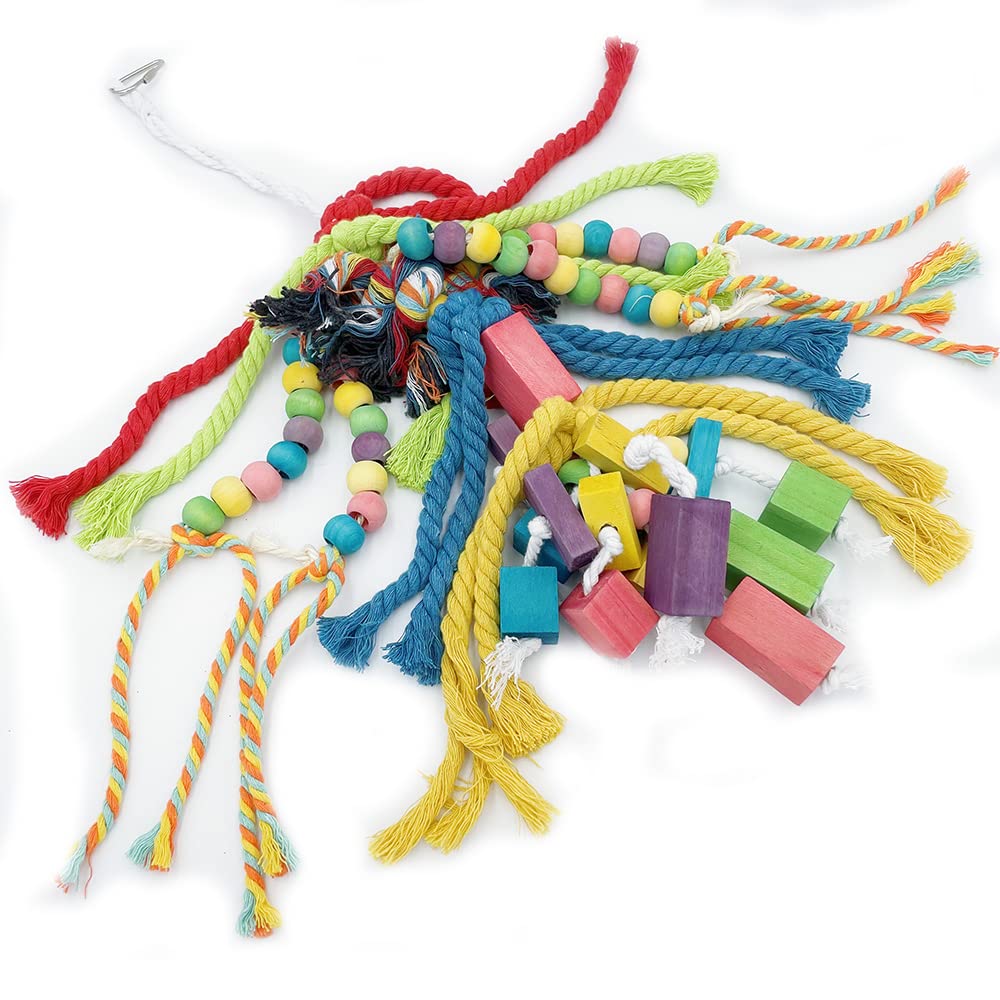20.5 inch Parrot Chewing Toys - Wooden Block Tearing and Cotton Rope Toys for Medium Large Extra Large Parrot Conures African Grey Amazon Cockatoo and Macaw - image 5