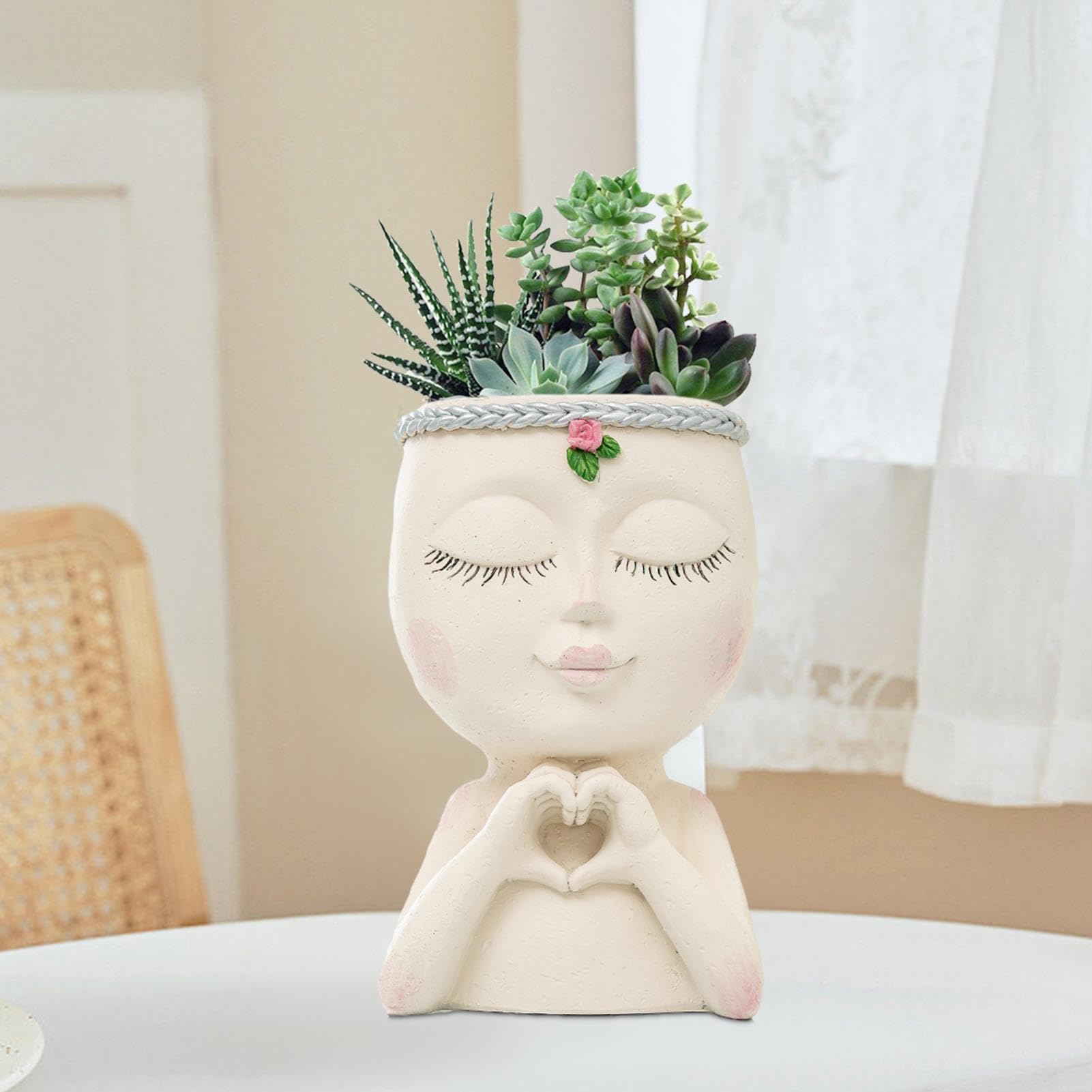 Vaso Con Testa Di Ragazza In Resina: Fioriera Viso Per Piante Grasse E Piccoli Fiori, Con Foro Di Drenaggio, Decorazione Originale Per Interni Ed Esterni, 12x8,5x18,5 Cm - 4