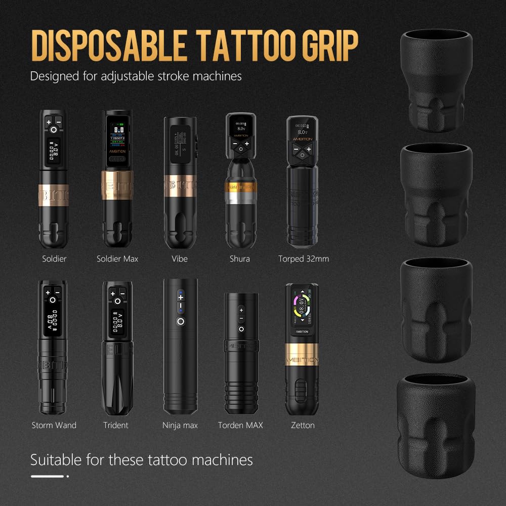 Ambition Soldier P2 Empuñaduras de tatuaje desechables 12 piezas 38 mm cubierta agarre goma