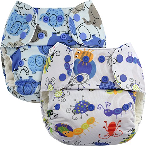 Blueberry One Size Simplex Organic All in One Cloth Diapers, Bundle of 2, Made in USA (Bugs + Blue Elephants)