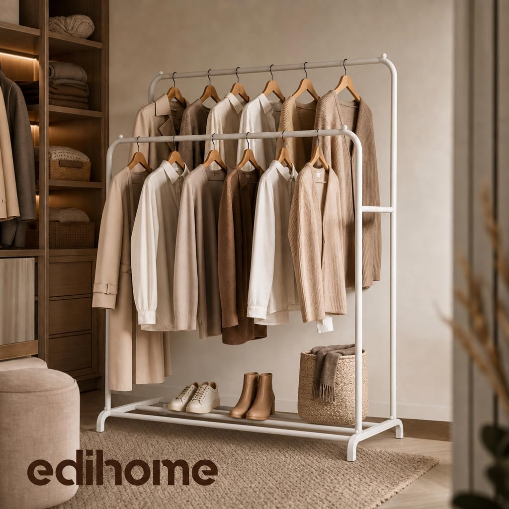 edihome, Stand Appendiabiti, Doppio, 110 x 150 x 54 cm, Vestitore, Appendiabiti da Terra, Resistente, Metallico, con Supporto per Scarpe (Bianco Doppio)