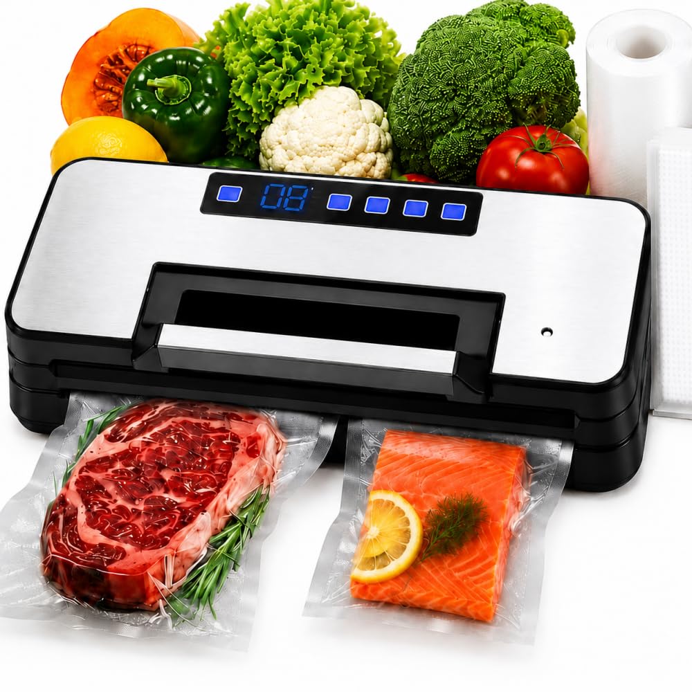 Máquina al vacío de alimentos - Bomba doble potente 100 kPa, modo seco y húmedo, fácil de usar, arranque automático tapa, bandeja de agua extraíble, bolsa y rollo incluido