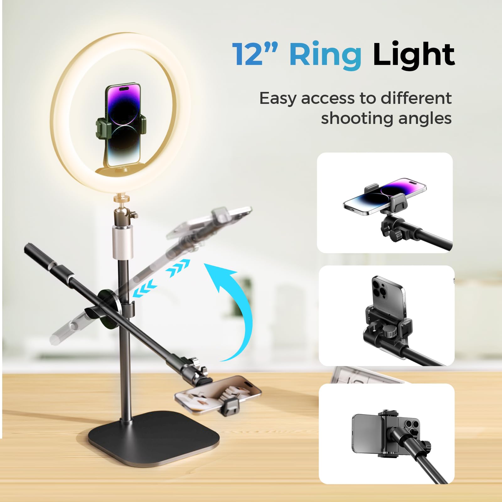 UBeesize Luce Ad Anello Da 12" Con Treppiede A Ruote E Cavo USB – 3 Colori, 10 Luminosità, Telecomando, Per Selfie E Video