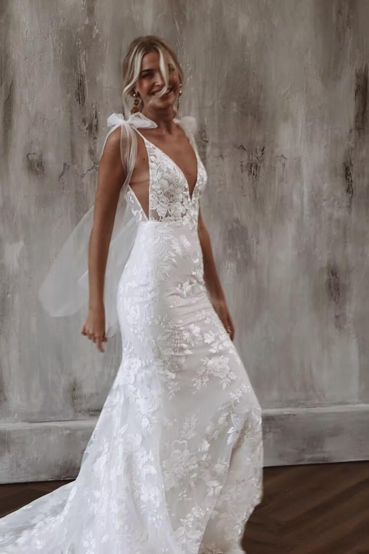 Women's Deep V-Neck Mermaid Lace Wedding Dresses Long