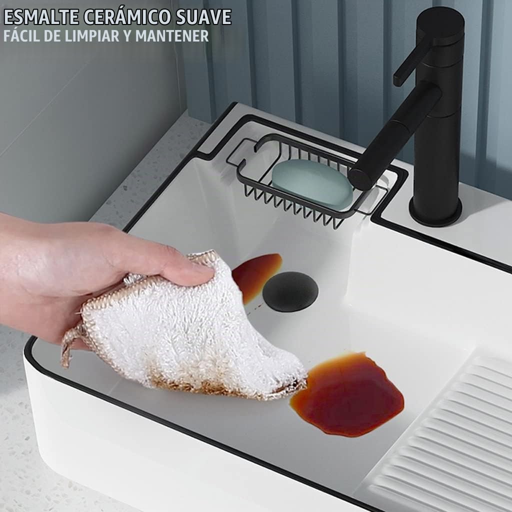 Fregadero De Cerámica para Encimera De Baño Rectangular con Tabla De Lavar, Grifo Y Desagüe Emergente - Arte De Lavandería