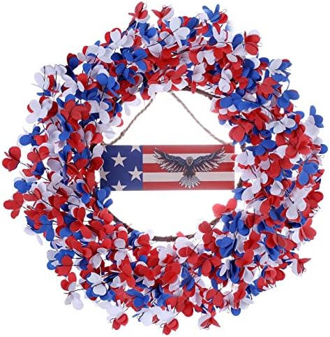 JINGHONG Red White Blue Flower Wreath 20 Inch,Artificial Patriotic Wreath with Patriotic Sign 4th of July Wreaths for Front Door Independence Day Decorations