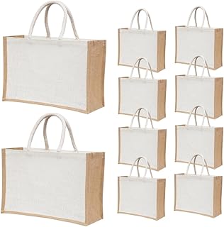 10 Pcs Large Reusable Jute Burlap Tote Bags – 15.8″×11.9″×5.9″, Eco-Frie...