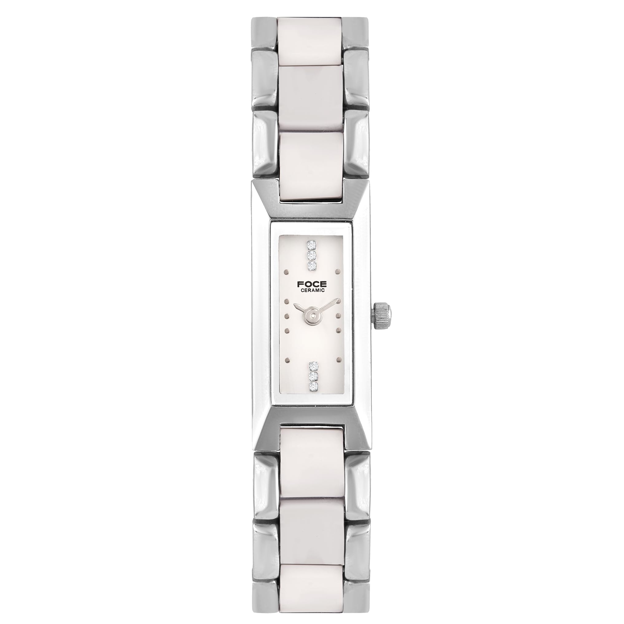 Women's Premium Ultra-Thin Rectangular Analog Ceramic Watch with Sapphire Crystal, White Diamond-Studded Dial, Dual Tone Silver & White Ceramic Strap, Silver Case, Model F390LSM-WHITE-image-5