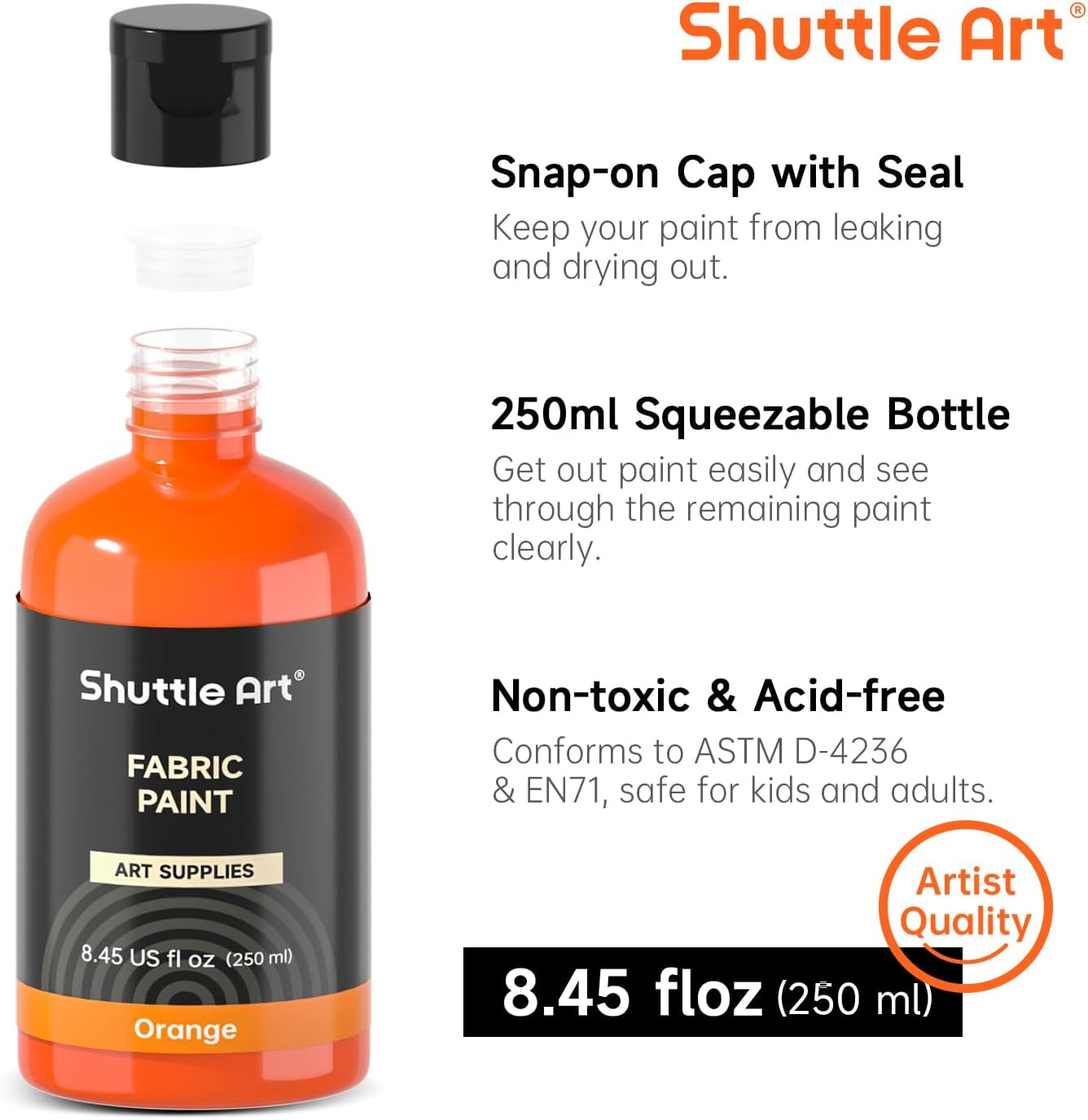 Shuttle Art 18 Colors Fabric Paint, 250ml/8.45oz, Permanent Soft Fabric Paint in Bottles with Brushes, Palette, Stencils, Non-Toxic Textile Paint for T-Shirts, Shoes, Jeans, Bags, DIY Projects&Art
