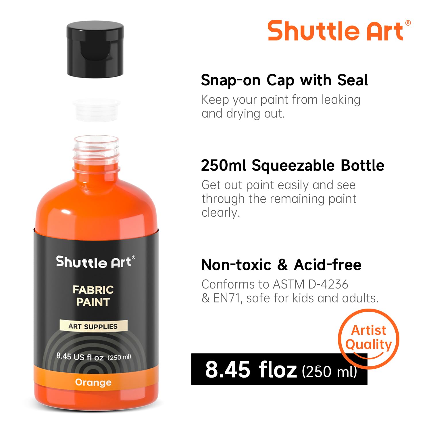 Shuttle Art Farba tekstylna nadaje się do prania w pralce, 18 odpornych na pranie farb do tkanin (po 250 ml) w butelkach z pędzlami, szablony, wodoodporne farby do tkanin dla dzieci na koszulkach