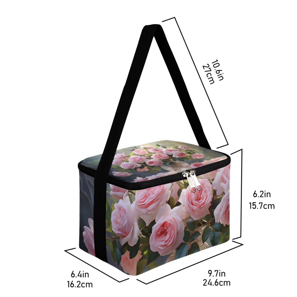 GzLeyigou Lunch Bags for Women Men 9 Cans,Pinks Roses Hot & Cold Food Delivery Bag Insulated Grocery Bag Insulated Lunch Box Round Glass Vase Cooler Bag for Office Work Picnic Beach
