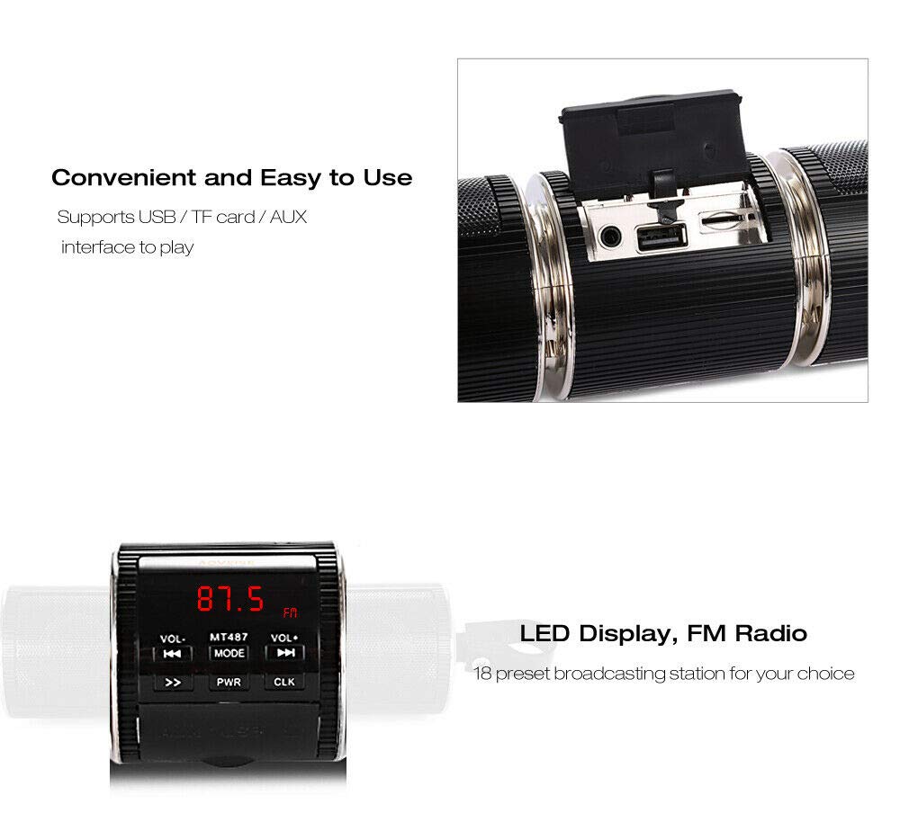MASO Altavoces Estéreo para Motocicleta con Bluetooth, Impermeables, Reproductor de Música MP3, Sistema de Amplificador de Audio, Scooter Bicicleta, ATV, UTV, Jet Ski, AUX IN, USB, Radio FM, Negro