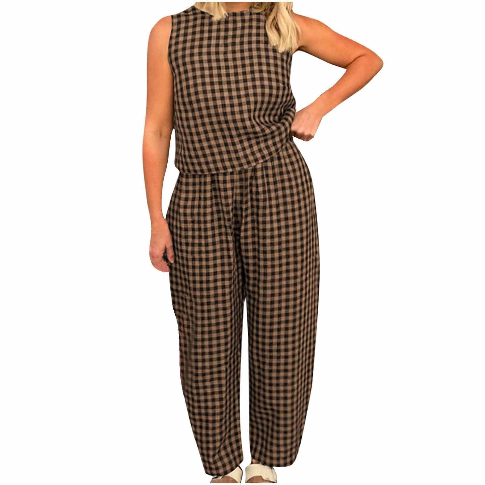 BUKKNYE Gym Co Ord Set Women Summer Loungewear Sets Plaid Pyjamas Sleeveless Vest Tops Trousers 2 Piece Outfits Fashion Beach Casual Outfits Khaki